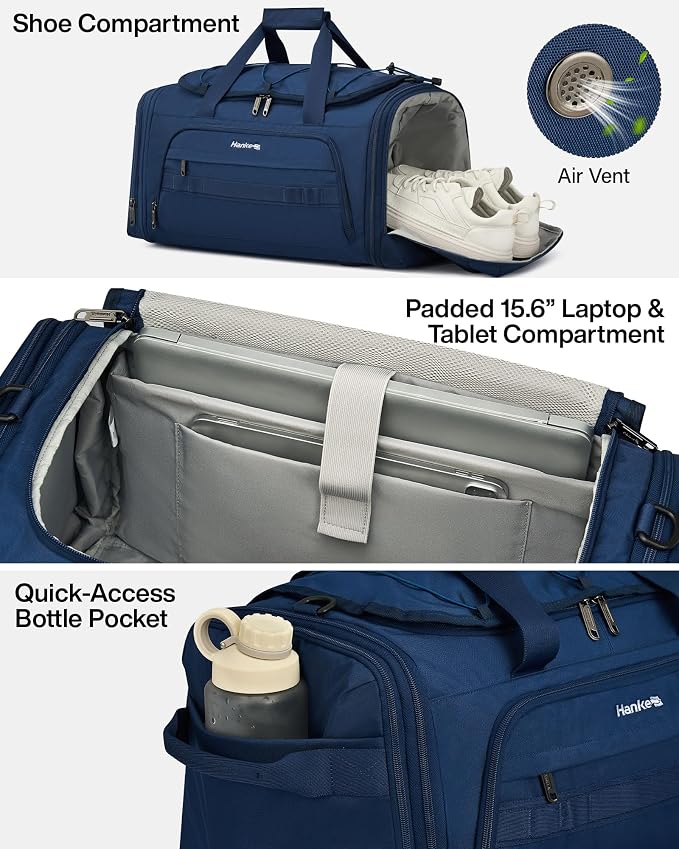 Hanke Duffle Bag for Travel, Dual Expandable 45L-55L Carry On Duffel, 3 In 1 Weekender Tote, Water Resistant Overnight Bag with 15.6" Compartment for Men Women, Blue - Image 4