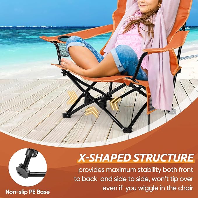 HaSteeL Folding Beach Chair Set of 2, Foldable Orange Camping Chairs for Outside, Low Beach Chair Portable for Adults Fishing, Picnic, Outdoor BBQ, Travel, Sports, Cup Holder & Storage Bag - Image 5