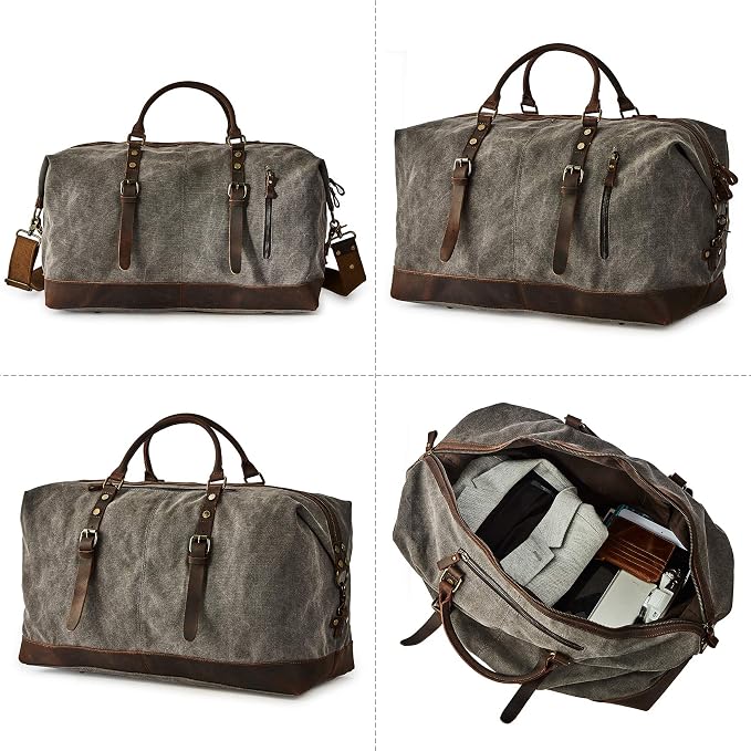 Oversized Canvas Genuine Leather Trim Travel Tote Duffel Shoulder Weekend Bag Weekender Overnight Carryon Handbag - Image 3