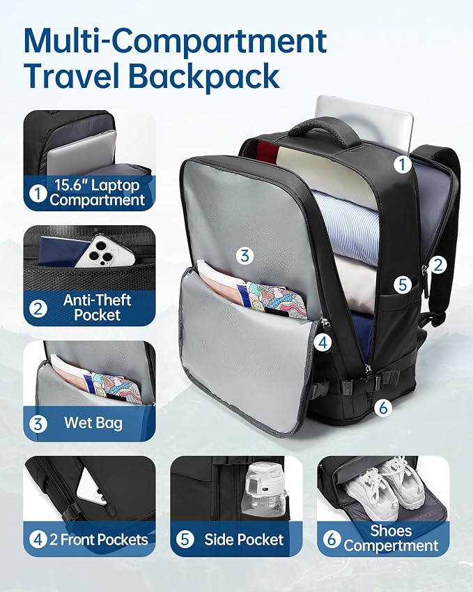 Carry on Travel Backpack for Women Men Large Hiking Laptop College Backpacks Personal Item Bag Waterproof Lightweight Backpack Flight Approved Mochilas de Viaje for Weekender Business,Black - Image 3