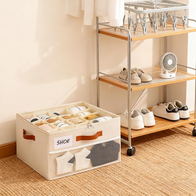 Shoe Organizer for Closet, Shoe Storage Box, Foldable Shoe Box with Adjustable Dividers and Clear Cover, Closet Shoe Organizer Fits up to 16 Pairs, 1-Pack, Extra Storage Pocket for Socks - Image 7