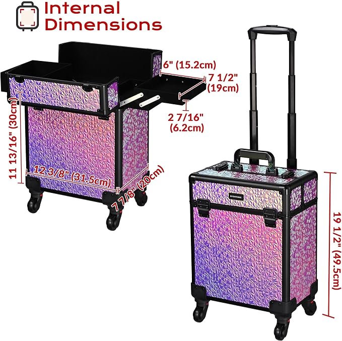 BYOOTIQUE Rolling Makeup Case Cosmetology case on wheels Makeup Artist Nail | Aluminum Rolling Makeup Suitcase with 360° Detachable Wheel Lockable 44Lb Large Capacity Organizer Nail Tech Mermaid Pink - Image 6