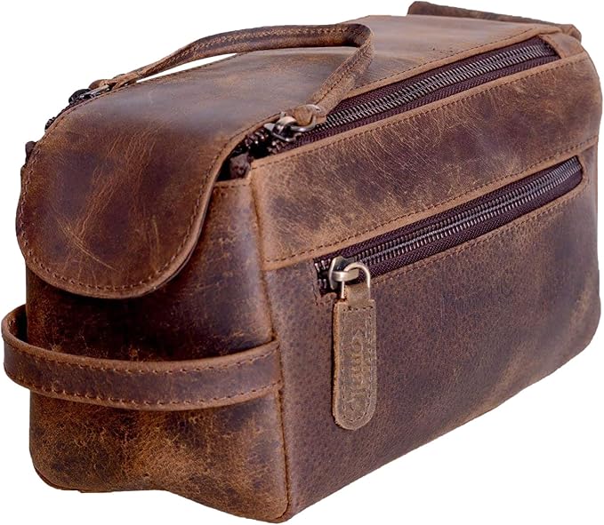 KomalC Premium Buffalo Leather Toiletry Bag for Men & Women With Water resistant Lining, Grooming Travel Pouch, Unisex Wash Bag for Toiletries, Gifts for Men and Women by KomalC