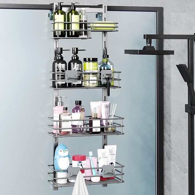 Orimade Shower Caddy Adjustable Height 4 Tier Silver,Bathroom Hanging Over the Door Organizer Shelf Rustproof with 4 Hooks,Shower Basket with Soap Holder and Suction Cup by Orimade