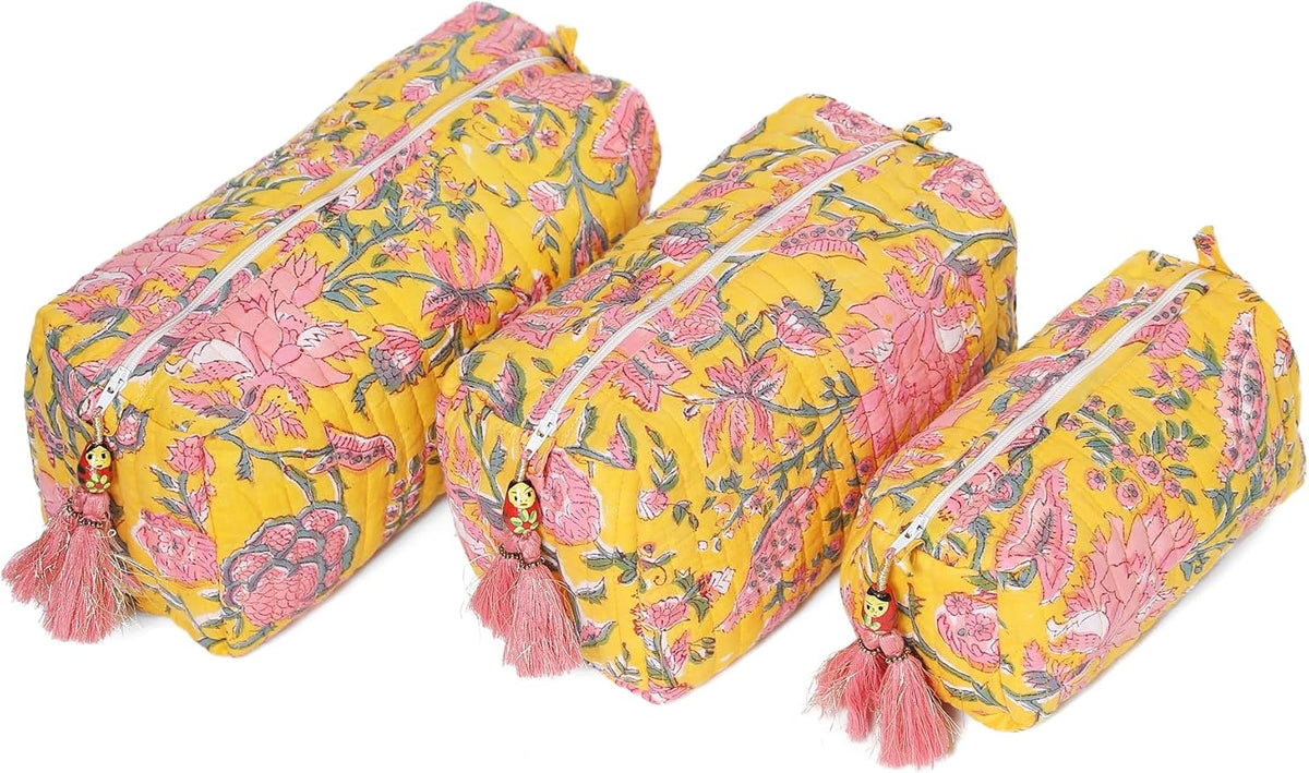 Saffron Marigold Quilted Makeup Bag Set of 3, Hand Block Printed Cotton Cosmetic Bags for Women, Waterproof Lined Travel Toiletry Bag, Coquette Floral Aesthetic, Handmade Gift, Summer Garden by SaffronMarigold