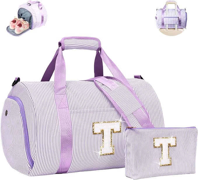 Trendy Stuff for Tweens, Girls Travel Duffle Bag, Kids Initial Overnight Duffel Bags with Shoe Compartment, Personalized Dance Bag with Cosmetic Pouch, Gift for Teenager (Letter T) by Vogewood
