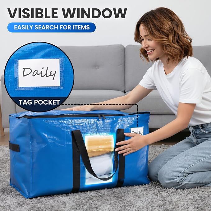 TAILI Extra Large Moving Bags, 2 Pack Blue Heavy Duty Totes For Storage with Visible Window, Wrap Around Handles, Storage Bags for Space Saving, Alternative to Moving Boxes - Image 5