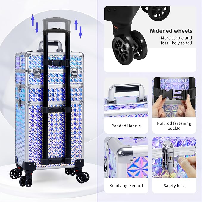 3 in 1 Rolling Makeup Train Case Cosmetology Case on Wheels, Silver | Large Cosmetic Trolley Organizer with Keys Salon Barber Case Traveling Cart Trunk for Artist Hairstylists Nail Tech - Image 4
