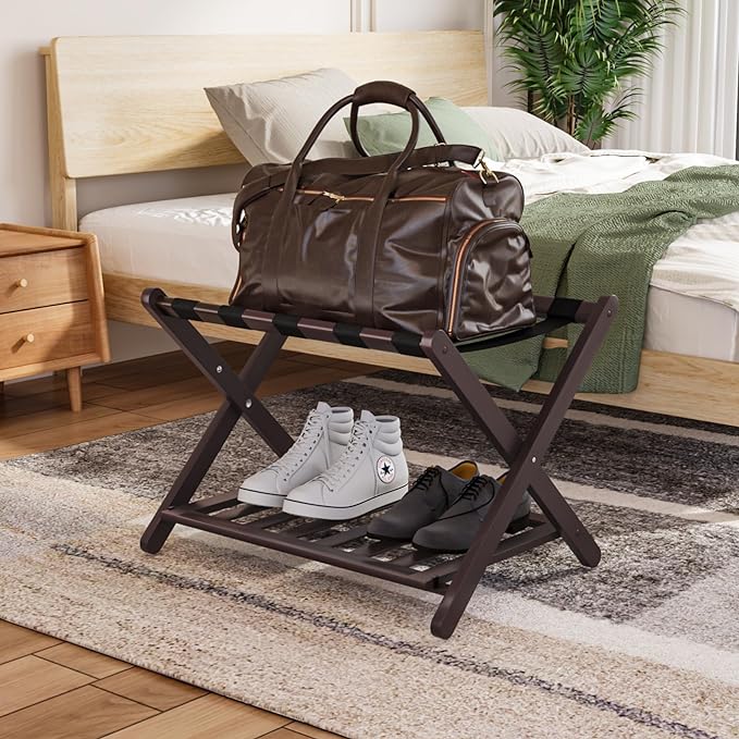 Smuxee Fully Assembled Brown Luggage Rack, Upgraded Bamboo Foldable Suitcase Stand with 5 Nylon Straps, Luggage Holder with Shelf for Guest Room Bedroom Hotel by Smuxee