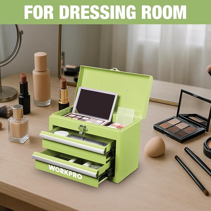 WORKPRO Portable Mini Metal Tool Box with 2 Drawers | Metal Tool Chest, Ball Bearing Slides, Top Storage, Latch Handle, PVC Drawer Liners, PP Feet Pads - Image 7