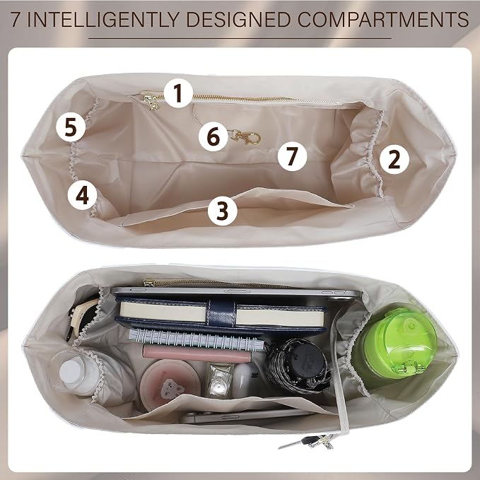 DOXO Purse Organizer Insert for Longchamp Le Pliage Medium, 6-Compartment Bag Organizer with YKK Zipper Pocket, Cup Holder, Key Chain, Waterproof DupontPaper Lightweight Handbag Shaper (White Beige,M) - Image 4