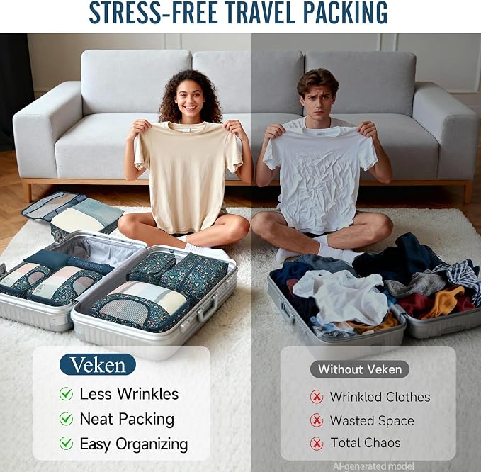 Veken 8 Set Packing Cubes for Travel Essentials,Anti-Wrinkle Buckled Suitcase Organizer for Shoe & Toiletry Bag,Carry On Luggage Bag with 99+ Count Mesh Holes for Airplane & College Dorm Accessories - Image 7