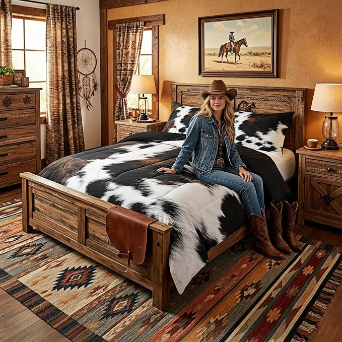 Brown Cowhide Comforter Set King,Black White Aztec Cow Print Bedding Set Western Farmhouse Animal Fur Down Comforter for Kids Boys Girls,Rustic Cowboy Quilt Duvet Set 2 Pillow Cases Bedroom Decor - Image 4