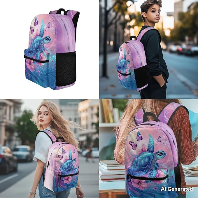 Teen Girls Backpack Sea Turtle Bookbag and Lunch Box Set for Girls, Butterfly Floral Cute Backpack for Middle School Girl Back to School Gift Supplies 17 inch Bookbag Set of 4 - Image 4