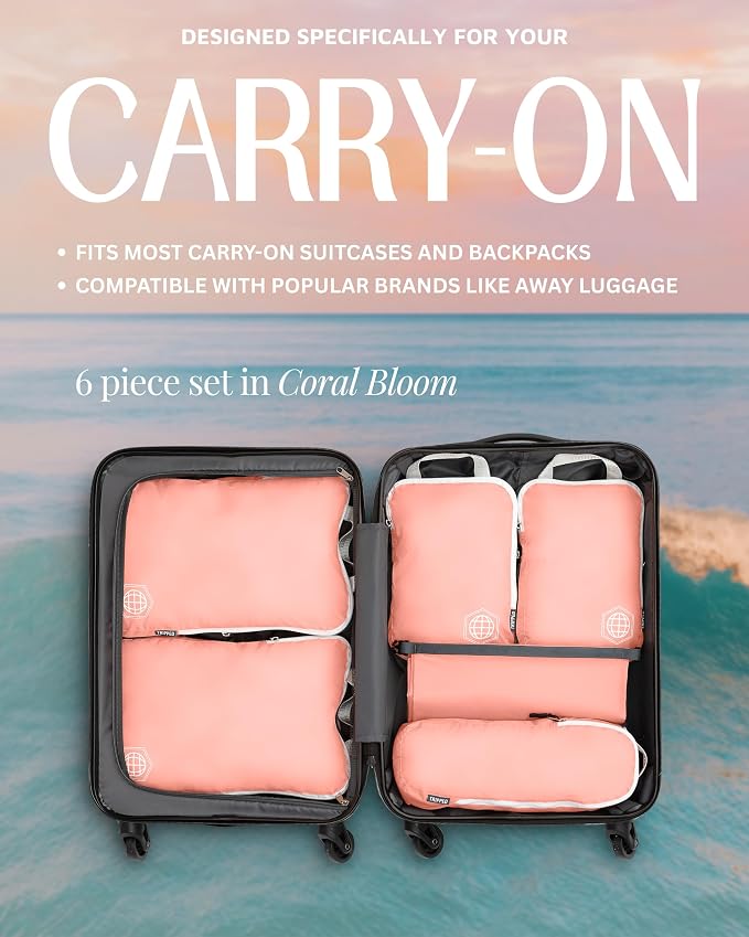 Compression Packing Cubes for Travel, 6-Piece Lightweight Packing Cubes Set for Carry-On Luggage & Backpacks – TRIPPED Travel Gear (Coral Bloom) - Image 8