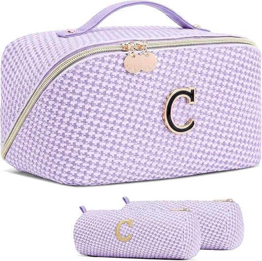 Personalized Gift Travel Makeup Bag: Initial Makeup Organizer Bag for Women | 3-in-1 Custom Make up Bag Set - Vegan Leather Travel Cosmetic Bag - Luxury Gift for Women – Birthday, Anniversary, Graduation by Unknown