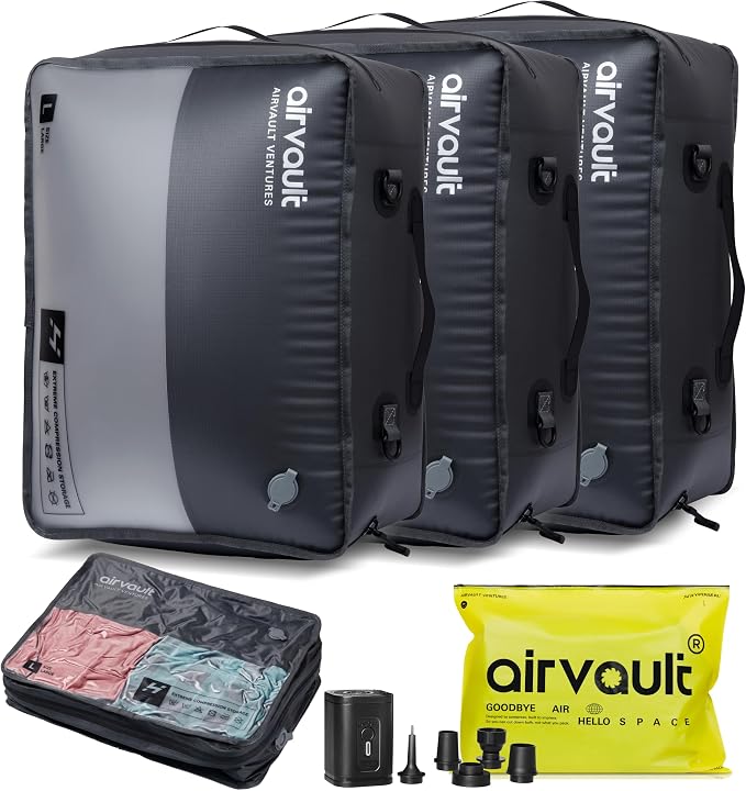AirVault Reusable Vacuum Compression Travel Bag for Carry-On Suitcase and Backpack, Recycled IPX8 Waterproof Space Saver Vacpack (41L Gray (3-Pack) (Air Pump Included) by AirVault