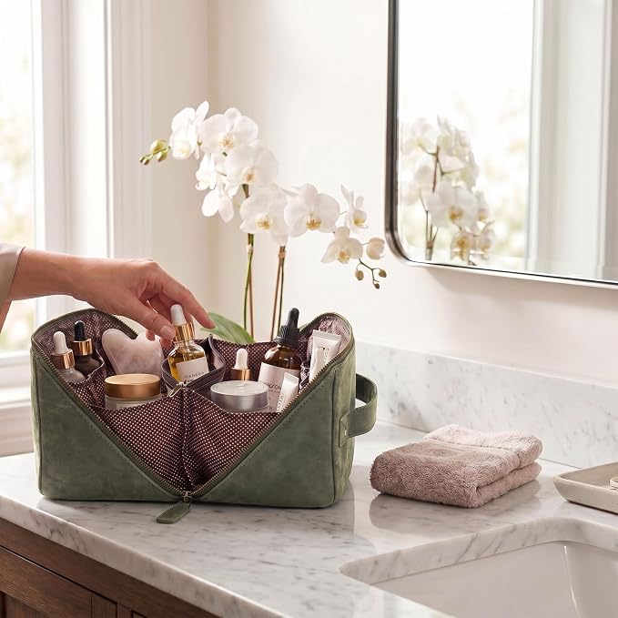 LEATHER VILLAGE Genuine Leather Travel Dopp Kit for Men & Women – Open Flat Large Capacity Cosmetic Bag with Water-Resistant Lining – Skin Care, Brushes, Shaving & Bathroom Essentials Organizer- Olive - Image 7