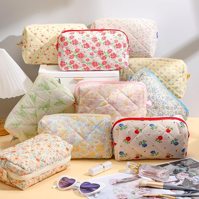 Paterr 10 Pcs Quilted Makeup Bag Bulk Cotton Floral Cosmetic Bag Women Girls Bridesmaid Gifts Cute Makeup Pouch Coquette Aesthetic Travel Toiletry Organizer(Classic Style,7.87 x 4.72 x 3.15 Inches) - Image 2