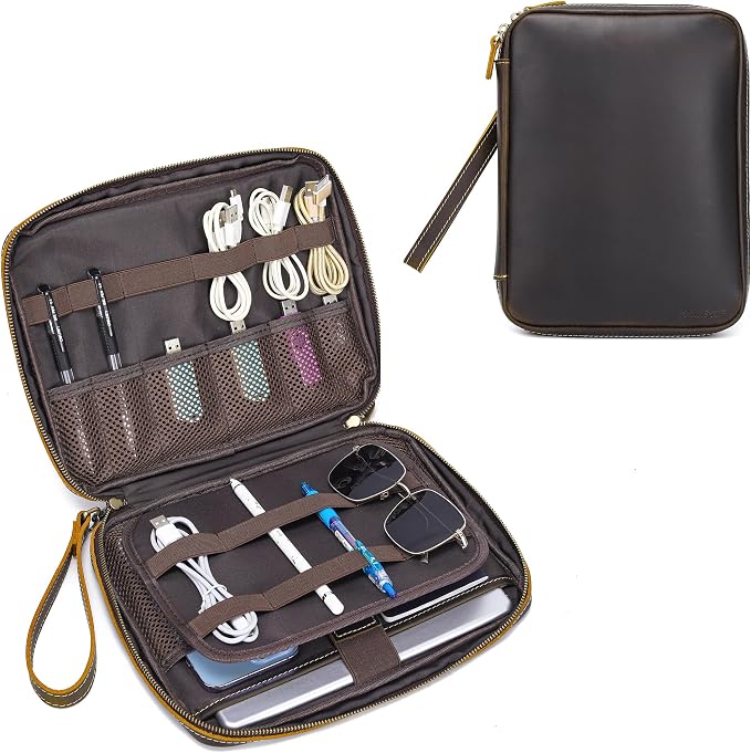 LANNSYNE Full Grain Leather Electronic Organizer Accessory Travel Tech Pouch, Cable Accessories Bag, Storage Carry Case for Charger, Phone, Power Bank, Cables by LANNSYNE