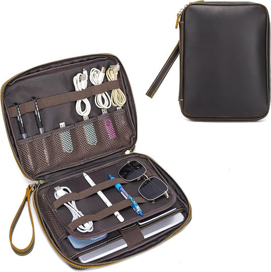 LANNSYNE Full Grain Leather Electronic Organizer Accessory Travel Tech Pouch, Cable Accessories Bag, Storage Carry Case for Charger, Phone, Power Bank, Cables by LANNSYNE