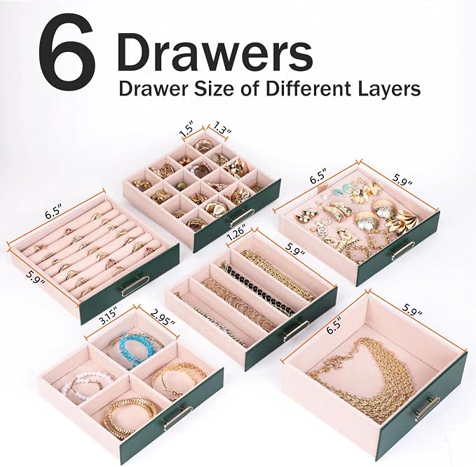 BOOVO Clear Lid Jewelry Box,3 Layers Jewelry Organizer Large Jewelry Storage Box with 2 Drawers,Jewelry Holder Organzier of Rings Earrings Necklace Bracelets for Women (Green, 6 Layer) - Image 3