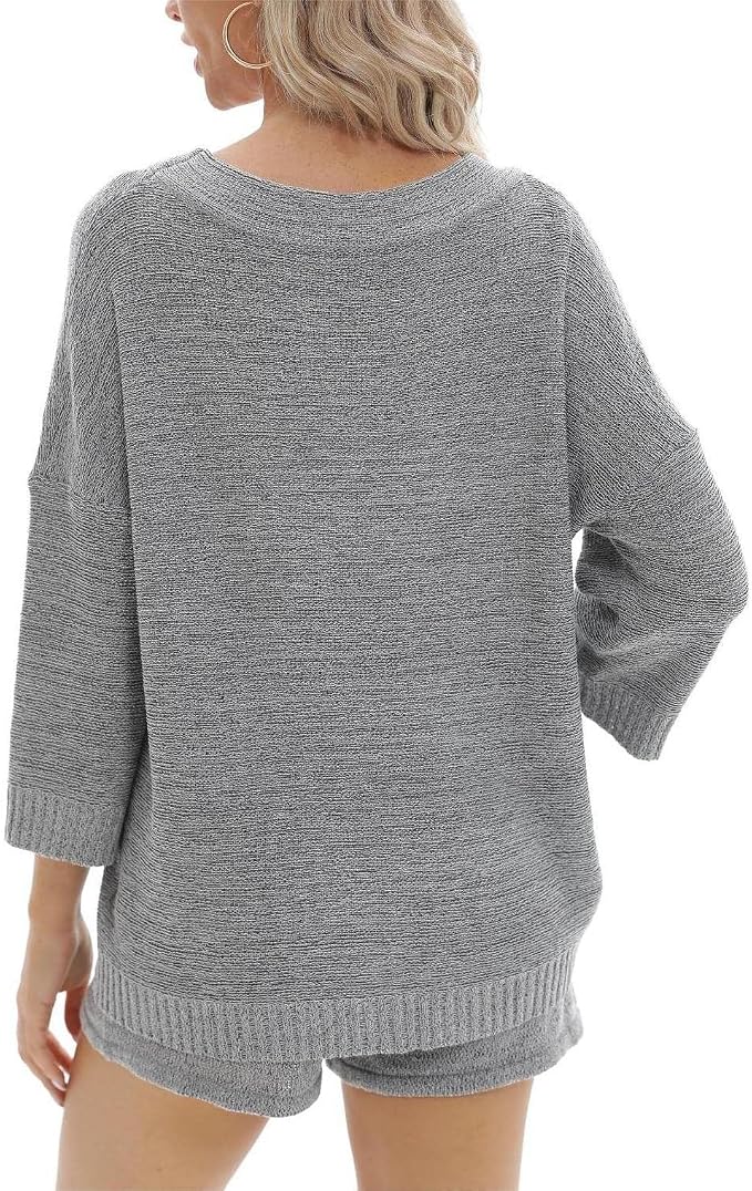 Ermonn Womens 2 Piece Outfits Sweater Sets Off Shoulder Knit Tops Waist Short Suits Casual Pajama Set - Image 3