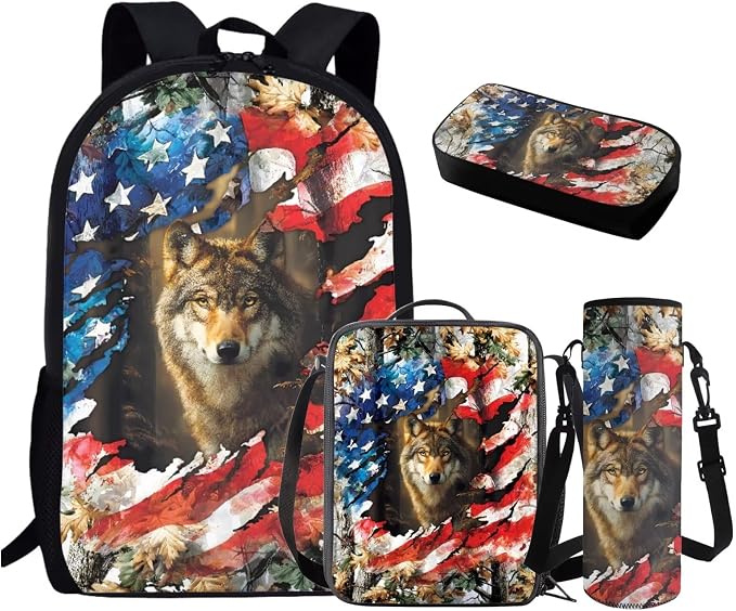 GIFTPUZZ Wolf American Flag Backpack 17 Inch Set Boys | Camo 4-Piece Set, Lunch Box, Water Bottle Sleeve, Back to School Book Bags, Ages 8-10 by GIFTPUZZ