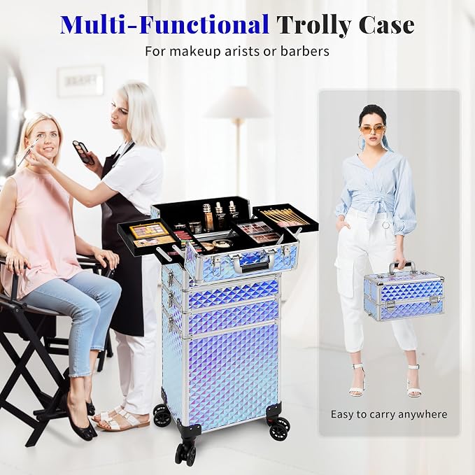 AROUS Rolling Makeup Train Case 4 in 1 Cosmetology Case on Wheels Large Storage Cosmetic Trolley with Key Salon Barber Case Traveling Cart Trunk, Colorful - Image 7