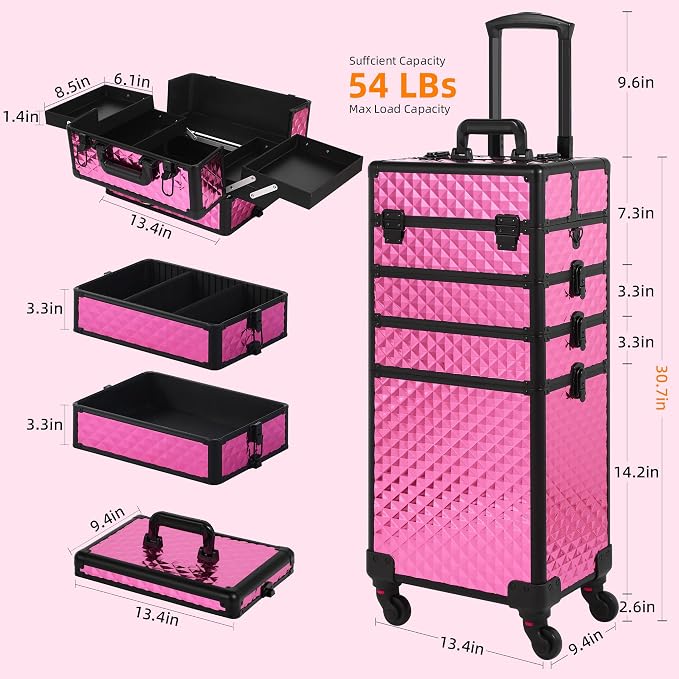 Somduy Rolling Makeup Case, Makeup Train Case with Lid, 5 in 1 Cosmetology Case on Wheels, Christmas Gift, Large Makeup Organizers, Profesional Cosmetic Case for Salon Barber, Rose Red - Image 5