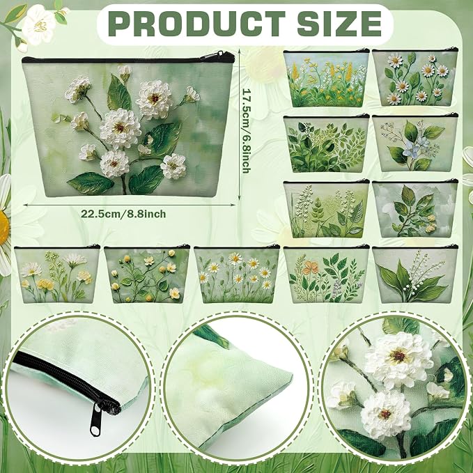 Sweetude 12 Pcs Green Flower Makeup Bags Bulk Green Plants Portable Travel Cosmetic Bags with Zipper Floral Waterproof Roomy Travel Toiletry Organizer Storage Beauty Pouch for Women Gifts - Image 3