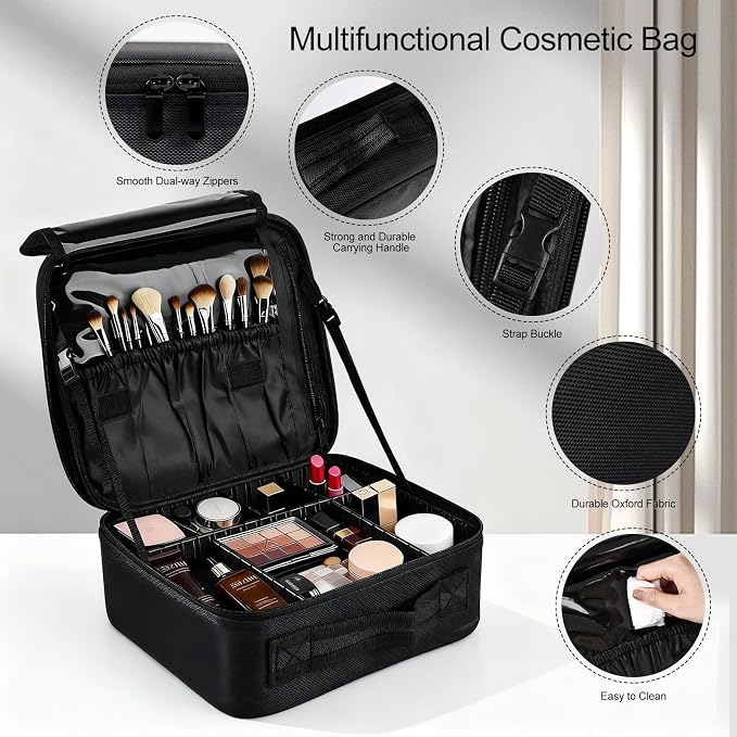 Greenfeather Travel Makeup Bag, Professional Cosmetic Train Case Organizer for Women, Portable Travel Cosmetic Brush Bag Holder Makeup Artist Storage Box with Adjustable Dividers, Black - Image 2