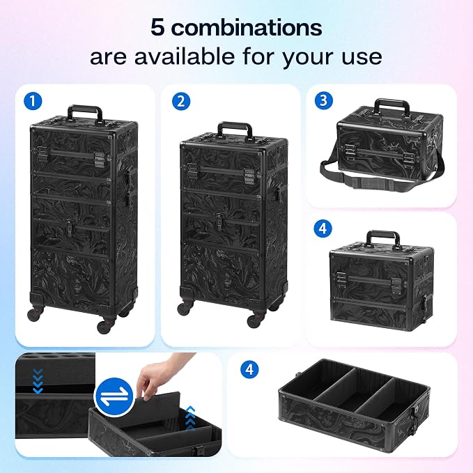 Somduy Rolling Makeup Case with Drawer, Makeup Train Case, 4 in 1Cosmetology Case on Wheels, Christmas Gift, Large Makeup Organizers, Profesional Cosmetic Case for Salon Barber, Pattern Black - Image 4