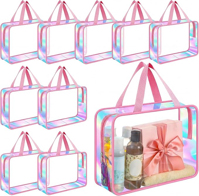Sweetude 10 Pcs Large Clear Toiletry Bag with Handle Large Capacity Travel Iridescent Beach Makeup Bag PVC Clear Plastic Tote Punch Cosmetic Clothes Storage Organizer for Women Men (Pink) by Sweetude