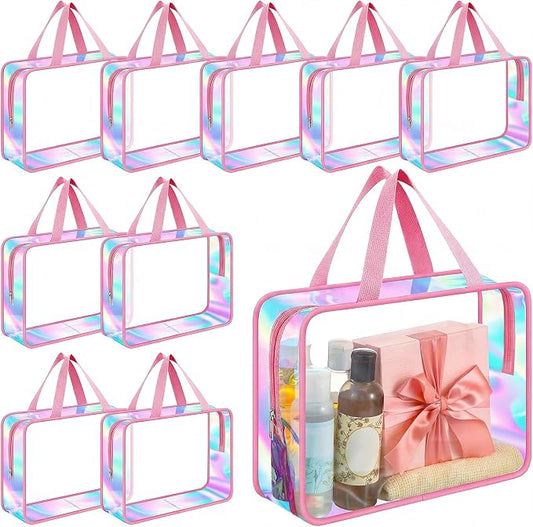 Sweetude 10 Pcs Large Clear Toiletry Bag with Handle Large Capacity Travel Iridescent Beach Makeup Bag PVC Clear Plastic Tote Punch Cosmetic Clothes Storage Organizer for Women Men (Pink) by Sweetude