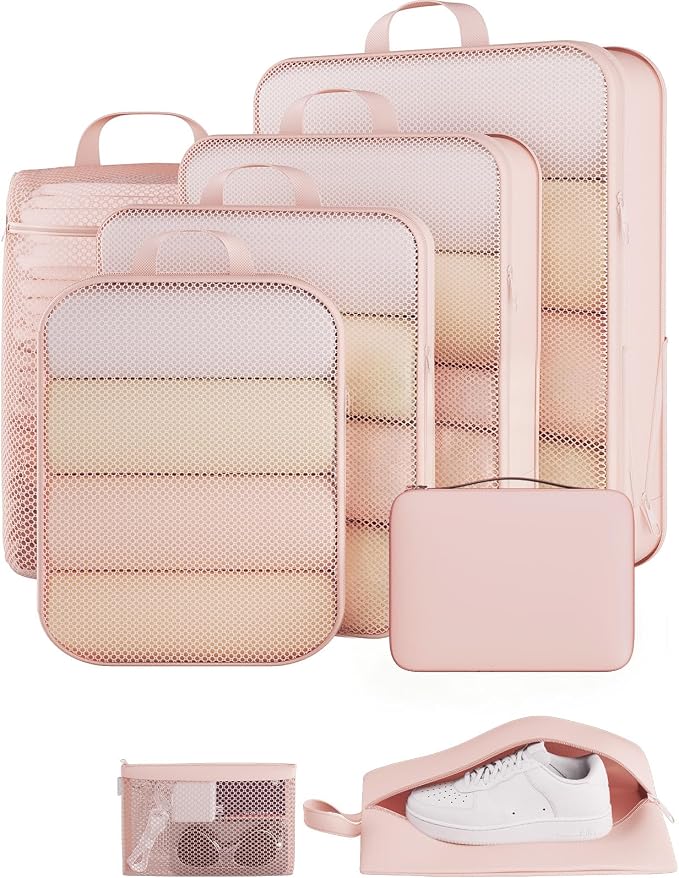 Veken 8 Set Compression Packing Cubes for Travel Essentials,Compressible Expandable Luggage Suitcase Organizer Bags with Garment Bag,Space Saver Bags with Over 1000 pcs of Mesh Holes(Beige) by Veken