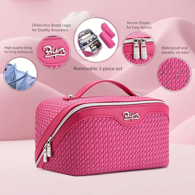 BOYATU Travel Makeup Bags for Women: Large Capacity Make up Bag with Wide Opening - 3 Pcs Set Waterproof Travel Toiletry Organizer for Full-Sized Bottles, Cosmetics & Brushes (Plum-W) - Image 2