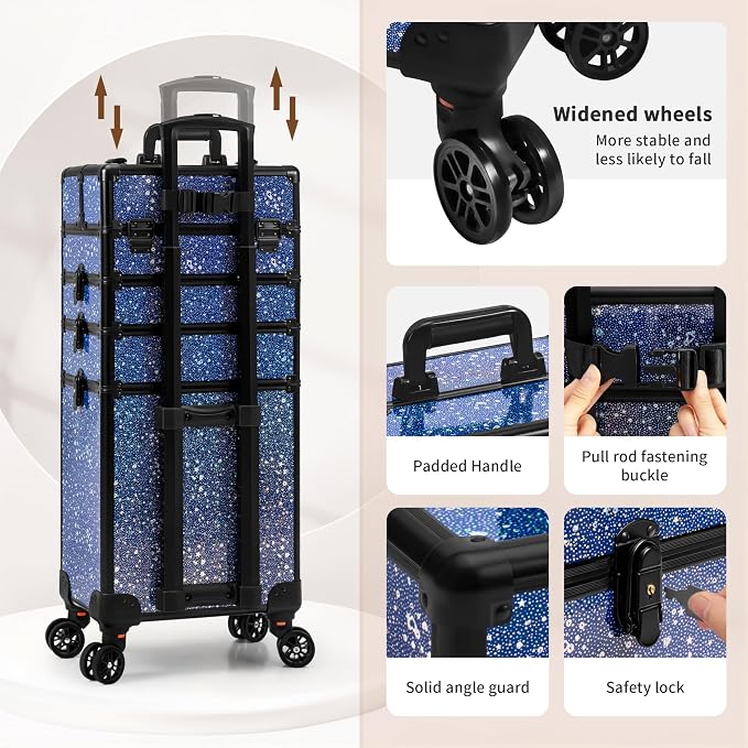 AROUS Rolling Makeup Train Case 5 in 1 Cosmetology Case on Wheels Large Cosmetic Organizer Travel Cart for Hairstylist Artist Nail Beauty Salon Barber,Blue - Image 6