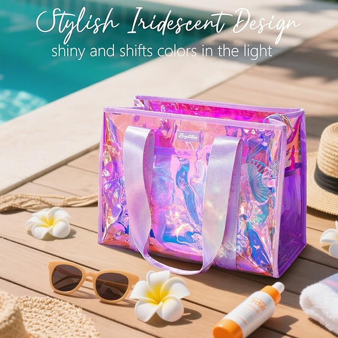 Bagstellar Iridescent Beach Bag, Jelly Tote Bag with Phone Pouch Makeup Bag | Large Beach Bags Waterproof Sandproof, Zipper Beach Tote Clear Pool Swim Boat Bag for Women Summer Travel Cruise Essentials - Image 5