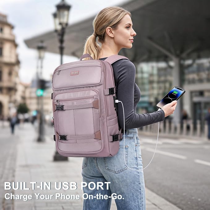 PIJUSHI Casual Travel Backpack for Women with 16" Padded Laptop Compartment | Carry On Luggage with USB Charging Port, 1680D Water-Resistant Nylon, Airline Approved, For Daily, Hiking - Image 3