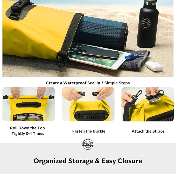 STOVER 5/10/25/30/40L Waterproof Dry Backpack & Phone Case- Large Floating Dry Bag for Kayaking, Travel, Hiking, Fishing, Camping, Motorcycles & Beach, Heavy-Duty Roll Top Men/Women (Yellow) - Image 5