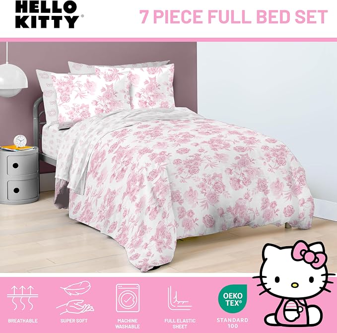 Jay Franco Comforter Set Includes Sheets and Pillow Covers - Soft and Cozy Bed Set for Stylish Room Decor, Official Licensed Bedding, Multi - Hello Kitty, 7 Piece Full - Image 4