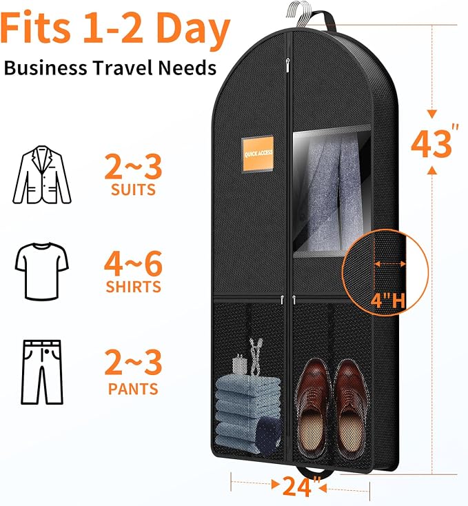 Garment Bag Travel Hanging Clothes: 43 Inch 2 Packs Fabric Breathable Foldable Zippered Pockets - Closet Storage Cover Packable - Men's Suit Shirts Uniform Jacket Jersey Tuxedo - Image 3