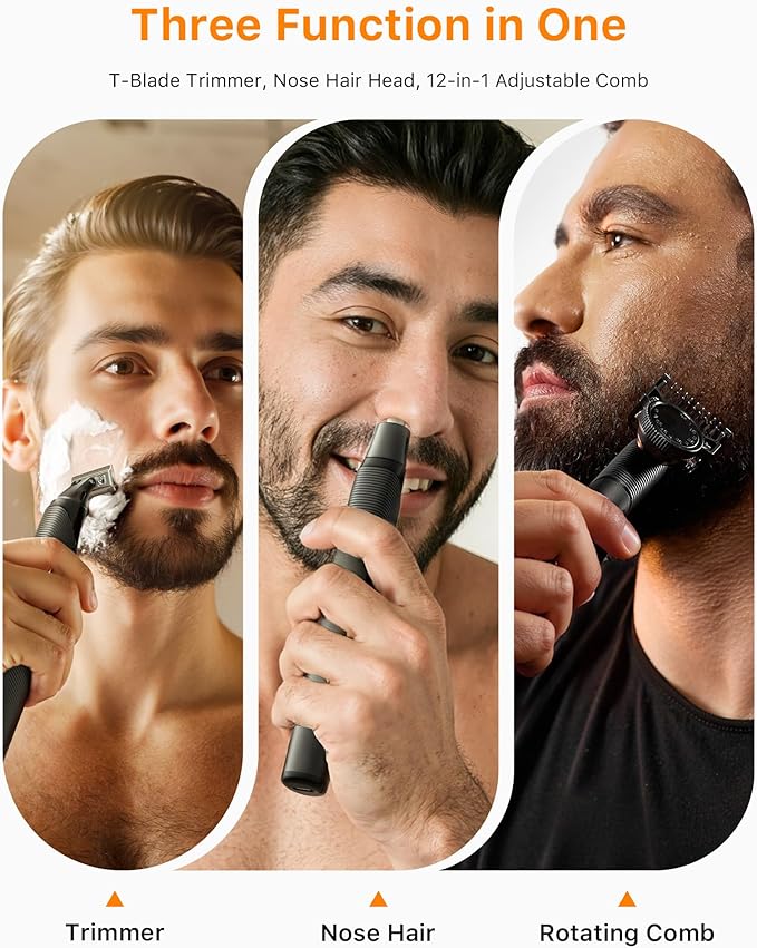 [2025 Upgraded] Beard & Nose Hair Trimmer Kit, [All-in-One] 12 in 1 Rotating Comb, Travel Body Hair Electric Shaver for Men, USB-C Fast Charging, Painless Razor Waterproof Wet/Dry, Black(Pack)