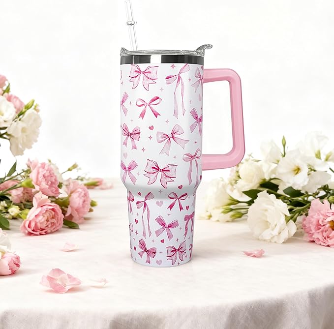 30 Oz Pink Bow Tumbler With Handle, Blue Bow Decor Coffee Travel Mug Cup Water Bottle, Gifts for Women Girls