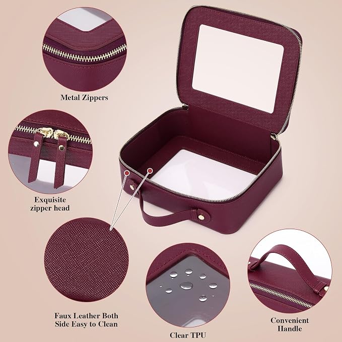 Pinkmik Clear Makeup Bag for Women Waterproof Travel Cosmetics and Toiletries Case Portable Makeup Oaganizer Bag Clear Car Bag with Zipper (X/Burgundy, M+L) - Image 5