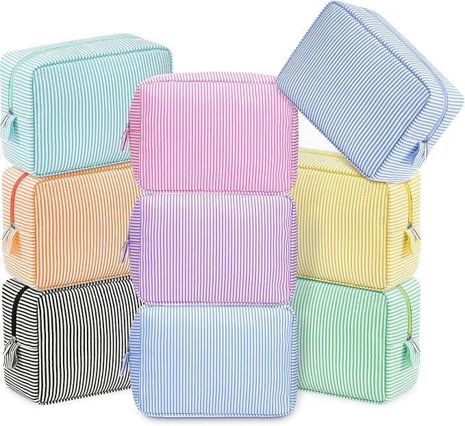 Sanwuta 9 Seersucker Cosmetic Bag Bulk Striped Makeup Bag for Women Aesthetic Cute Travel Toiletry Organizer Preppy Storage Pouch for Wedding Bridesmaid Mother's Day Teacher Gift (Large,Candy Color) by Sanwuta