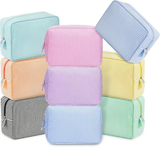 Sanwuta 9 Seersucker Cosmetic Bag Bulk Striped Makeup Bag for Women Aesthetic Cute Travel Toiletry Organizer Preppy Storage Pouch for Wedding Bridesmaid Mother's Day Teacher Gift (Large,Candy Color) by Sanwuta