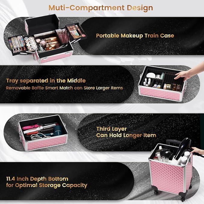 Stagiant Rolling Makeup Train Case Cosmetology Case on Wheels 4 in 1 Large Cosmetic Organizer Box Makeup Travel Case with Key Swivel Wheels Nail Artist Salon Storage Traveling Cart Big Trunk Pink - Image 3