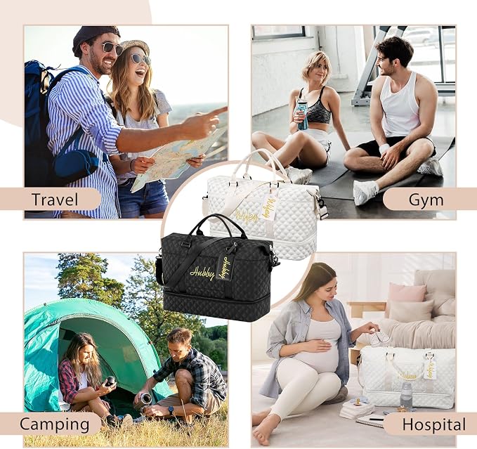 Dansydaisy 4 Pcs Duffel Bag Set Include 2 Honeymoon Travel Bags with Shoe Compartment and 2 Luggage Tags(19.7 x 9.8 x 15.7 Inches,Hubby and Wifey,Black,White) - Image 7